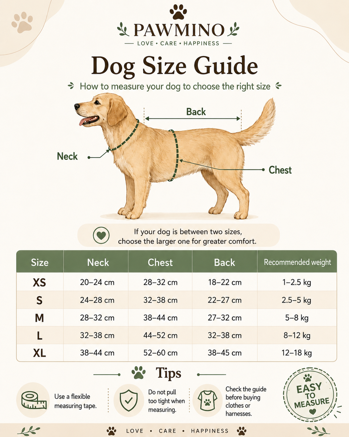 PAWMINO dog size guide showing neck, chest, and back measurements
